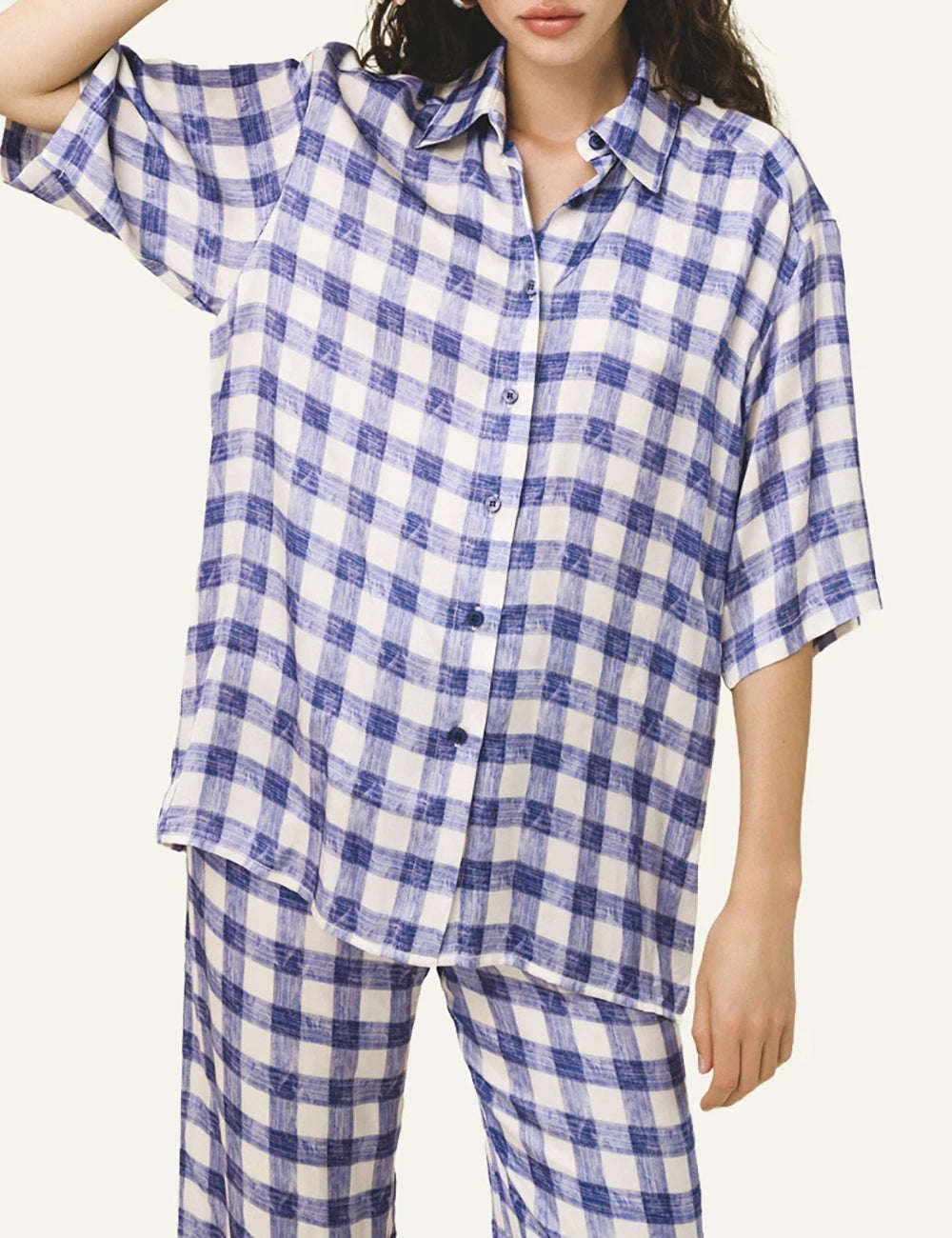 Love Alicia boxy shirt purple check print satin touch short sleeve front model view