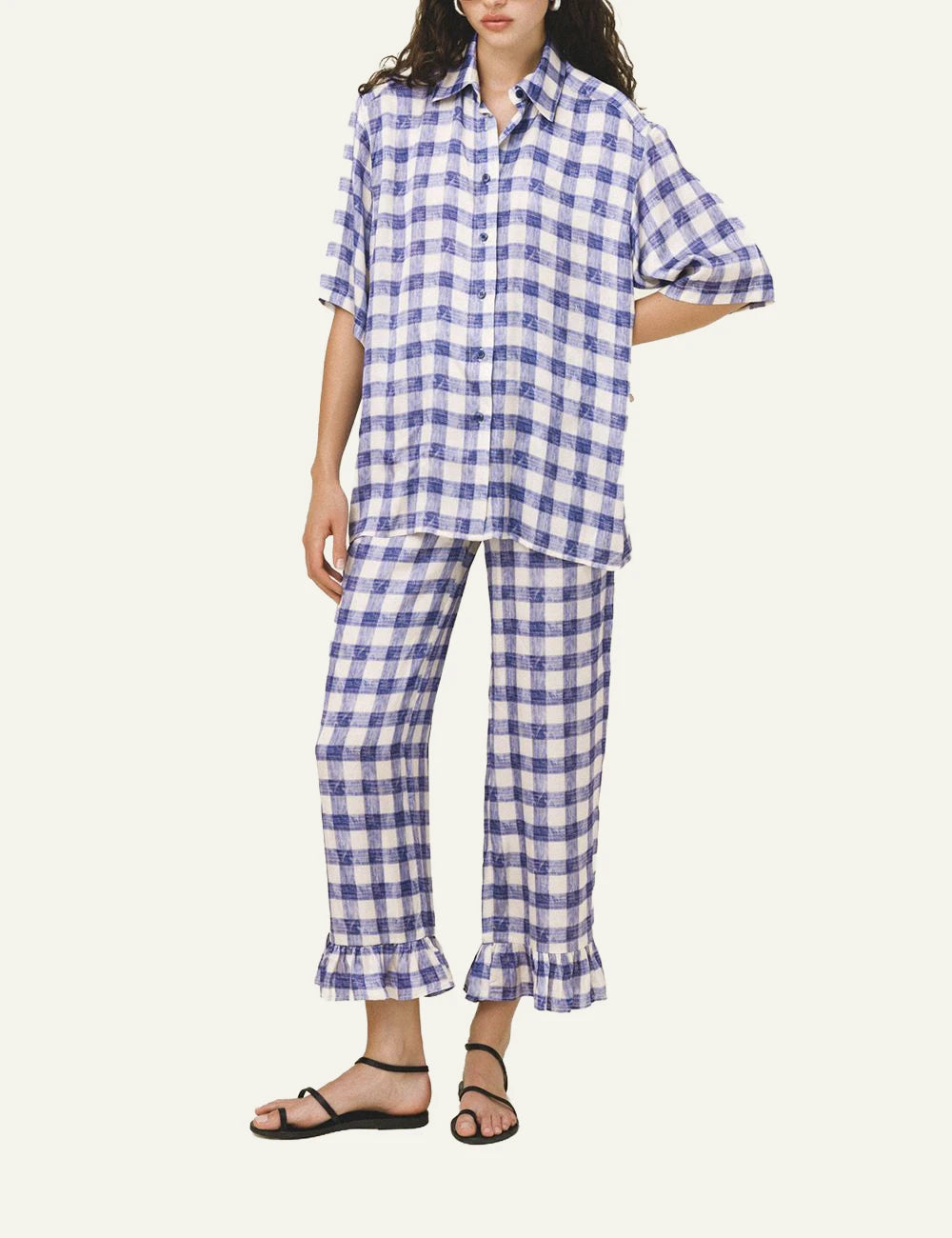 Love Alicia boxy shirt purple check print satin touch short sleeve front full body view