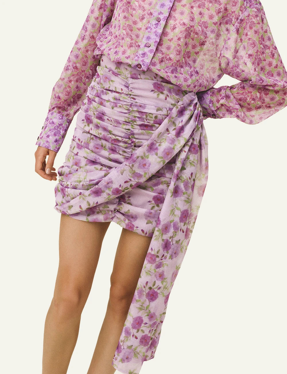 Love Alicia Liora floral draped mini skirt pink front model view