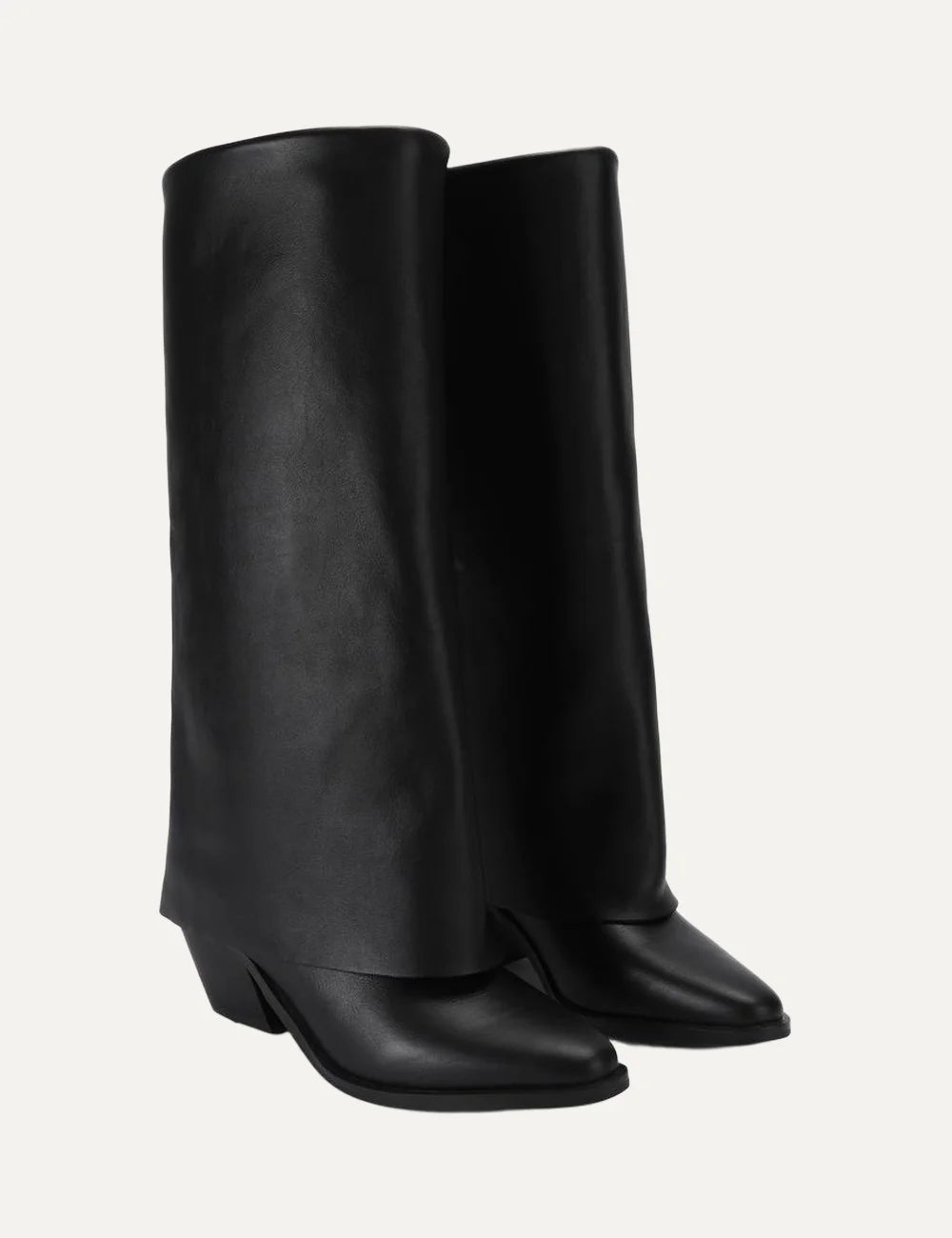 Kurt Geiger London Chiltern Folded black leather knee-high boots with wide folded shaft, pointed toe and block heel side