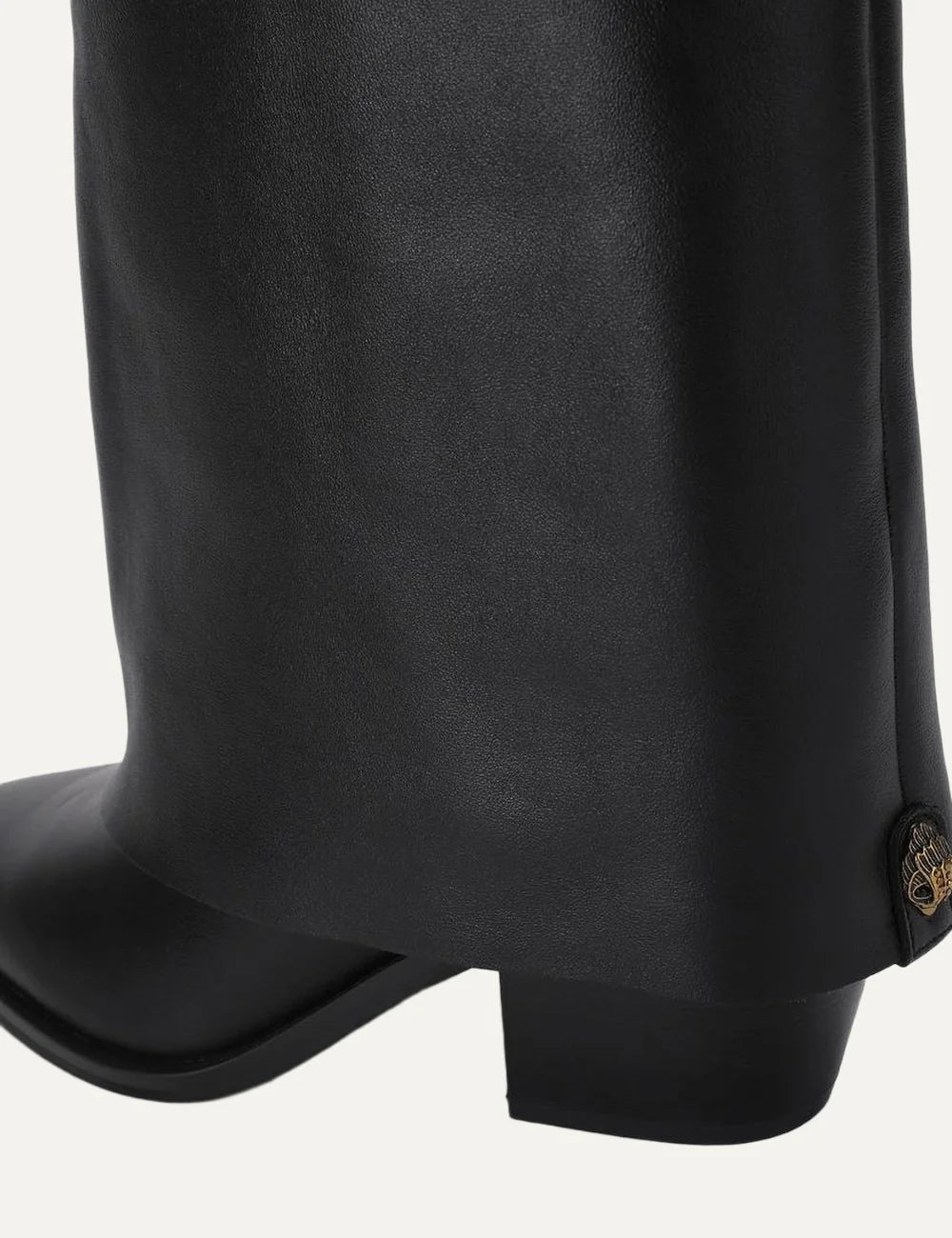 Kurt Geiger London Chiltern Folded black leather knee-high boots with wide folded shaft, pointed toe and block heelback