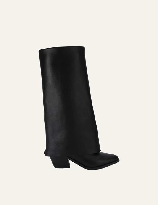 Kurt Geiger London Chiltern Folded black leather knee-high boots with wide folded shaft, pointed toe and block heel.