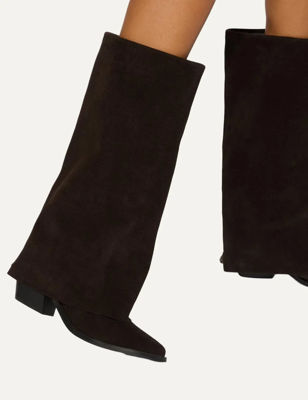 Kurt Geiger London Chiltern Folded dark brown suede knee-high boots with wide folded shaft, pointed toe and block heel model