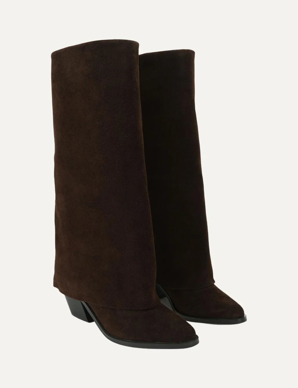 Kurt Geiger London Chiltern Folded dark brown suede knee-high boots with wide folded shaft, pointed toe and block heel angled