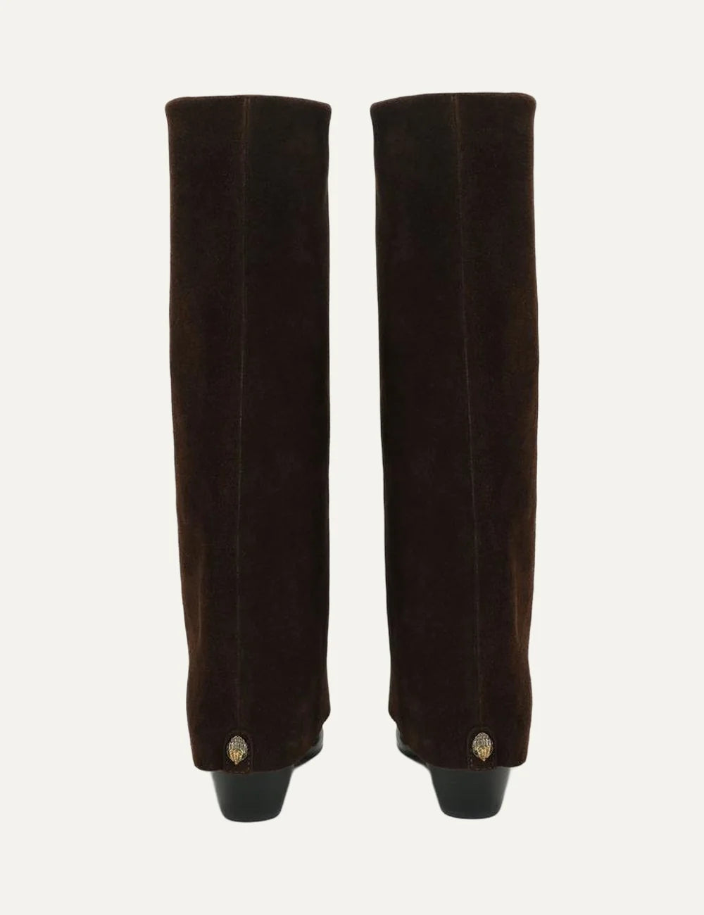 Kurt Geiger London Chiltern Folded dark brown suede knee-high boots with wide folded shaft, pointed toe and block heel back