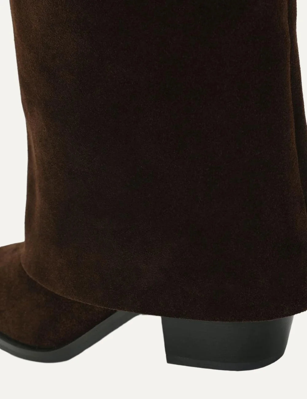 Kurt Geiger London Chiltern Folded dark brown suede knee-high boots with wide folded shaft, pointed toe and block heel back