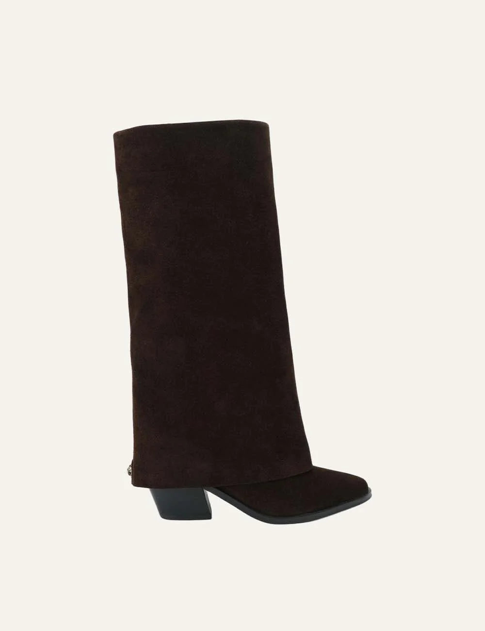 Kurt Geiger London Chiltern Folded dark brown suede knee-high boots with wide folded shaft, pointed toe and block heel.