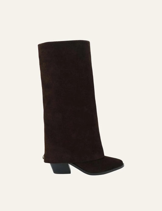Kurt Geiger London Chiltern Folded dark brown suede knee-high boots with wide folded shaft, pointed toe and block heel.