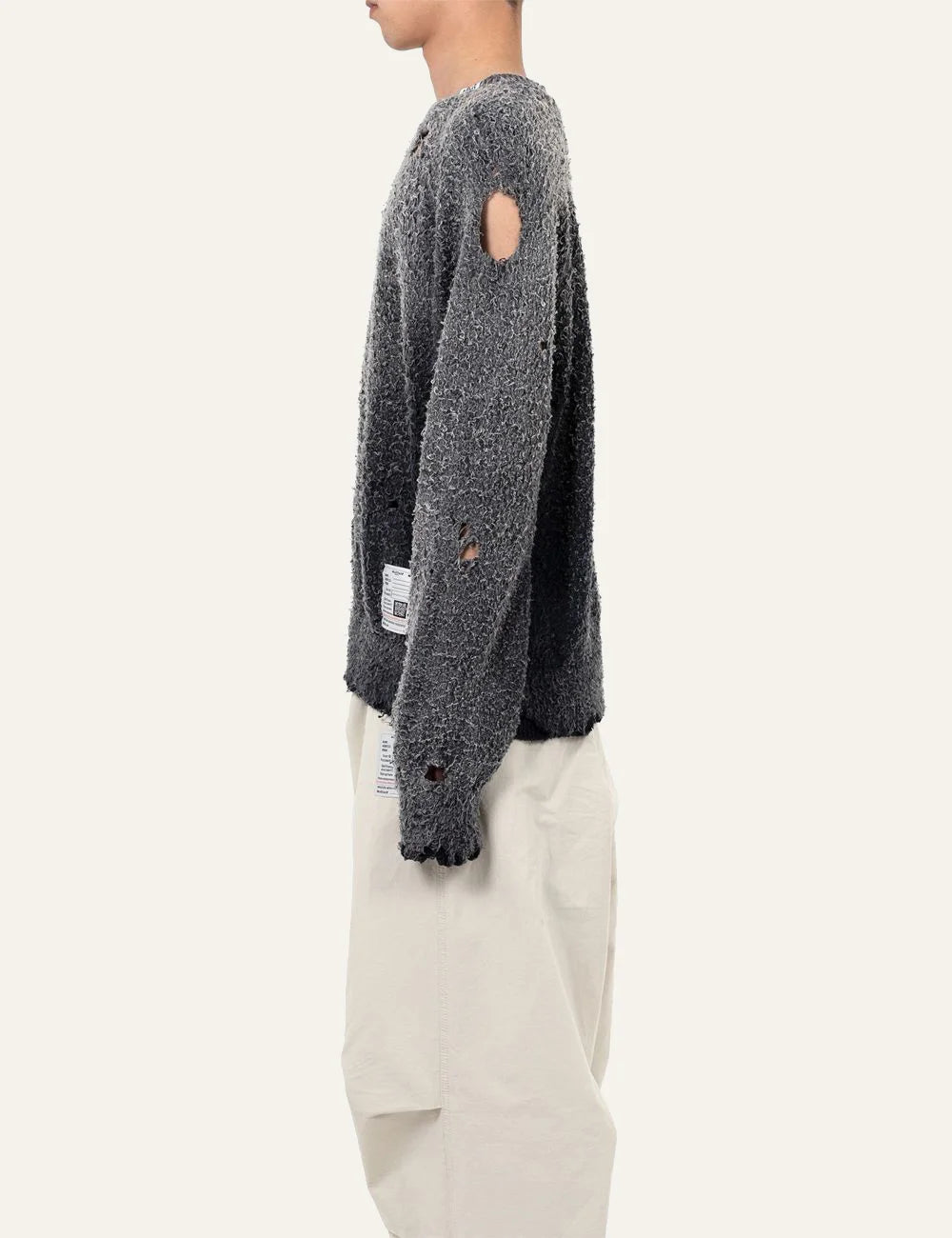 Maison Mihara Yasuhiro distressed knit sweater side view grey cotton