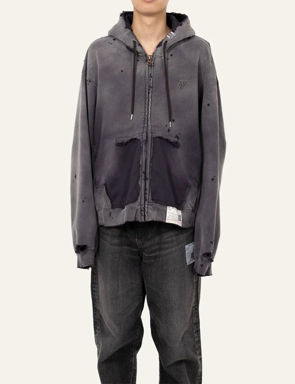 Maison Mihara Yasuhiro sun faded zip up hoodie full front view washed grey