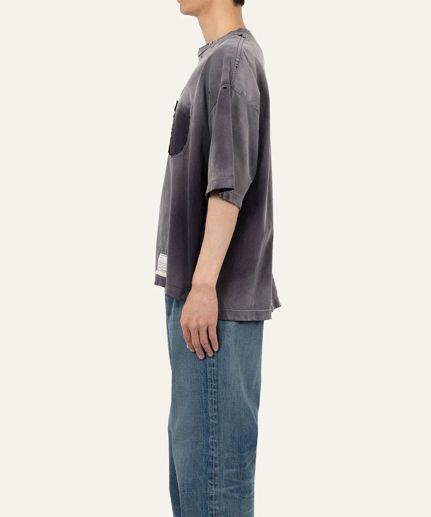 Maison Mihara Yasuhiro sun faded t-shirt side view washed grey distressed