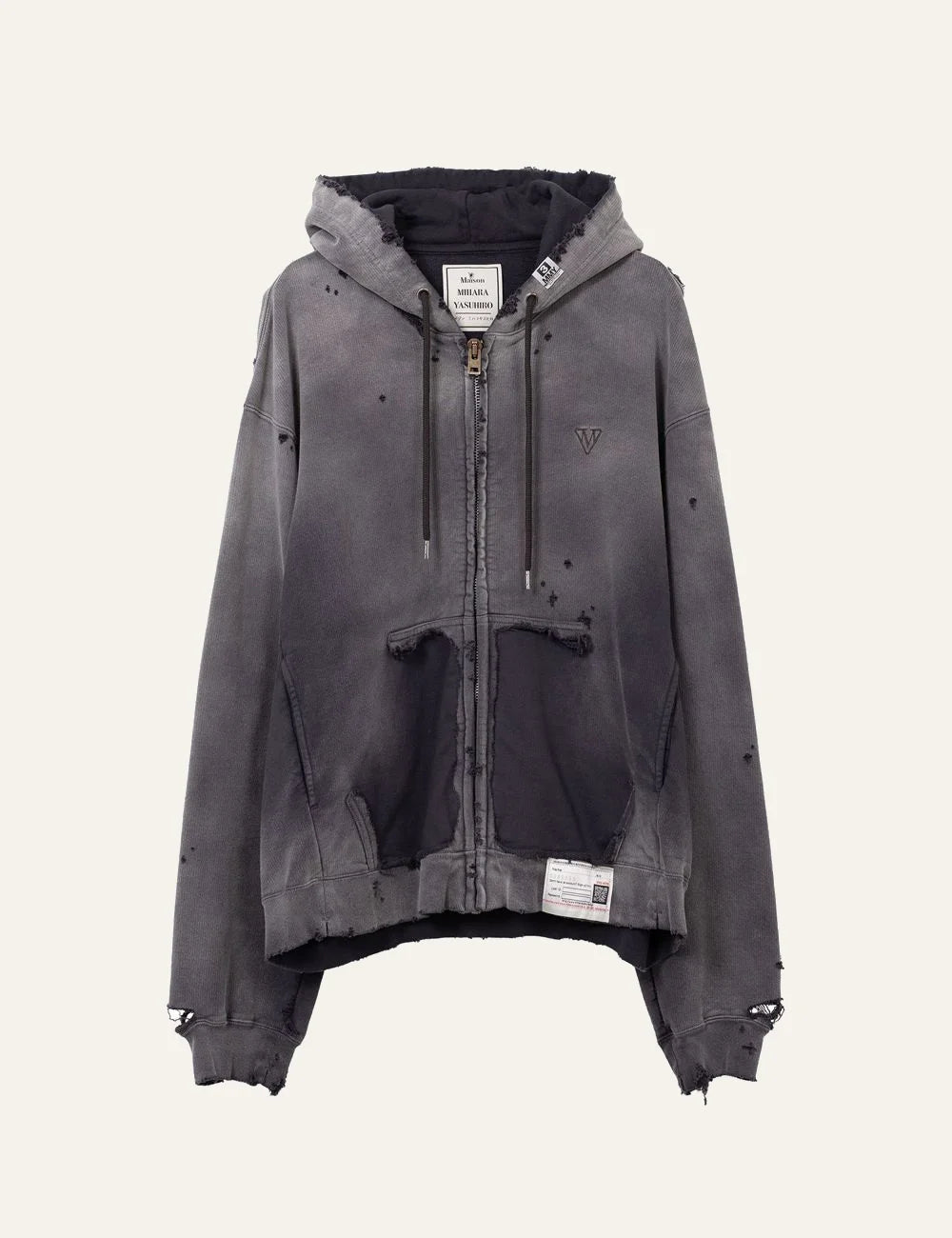 Maison Mihara Yasuhiro distressed zip up hoodie front view torn pocket 