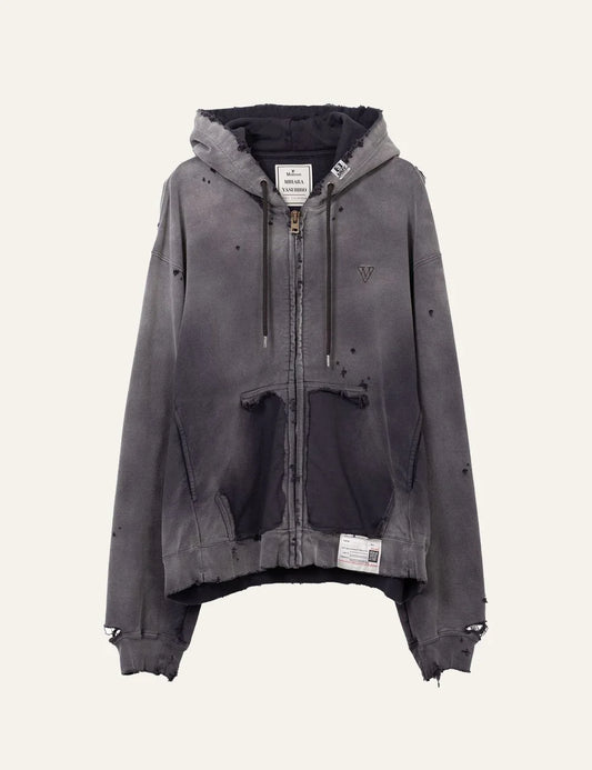 Maison Mihara Yasuhiro distressed zip up hoodie front view torn pocket 