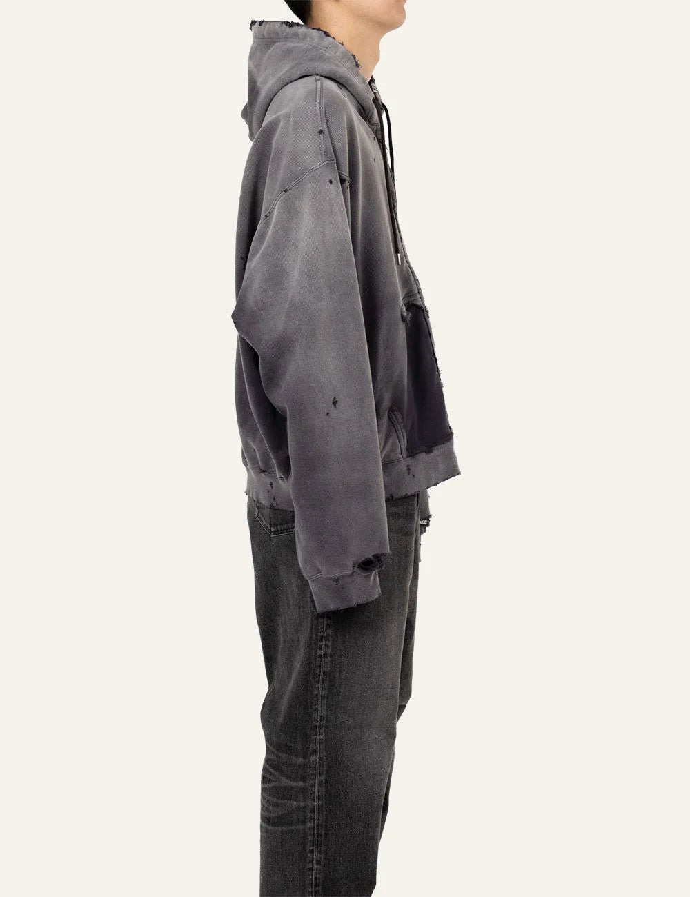 Maison Mihara Yasuhiro zip up hoodie side view washed grey distressed design