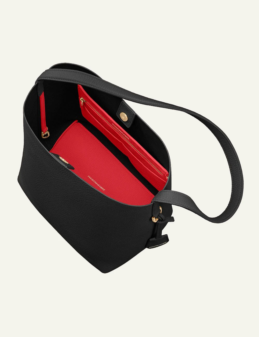 Maison de Sabre bucket tote black leather medium shoulder bag top view