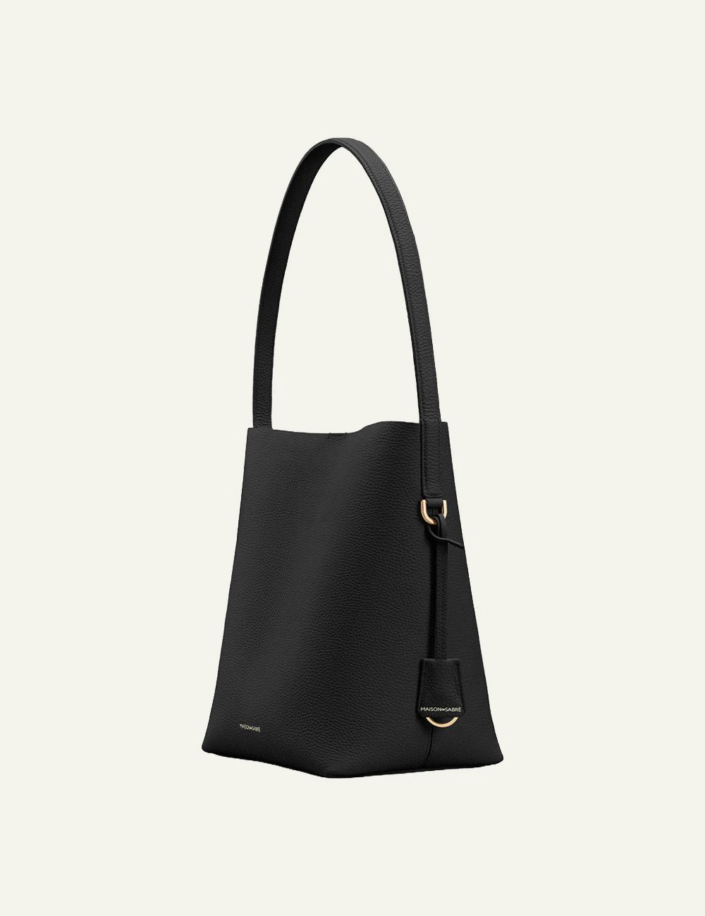 Maison de Sabre bucket tote black leather medium shoulder bag side detail view