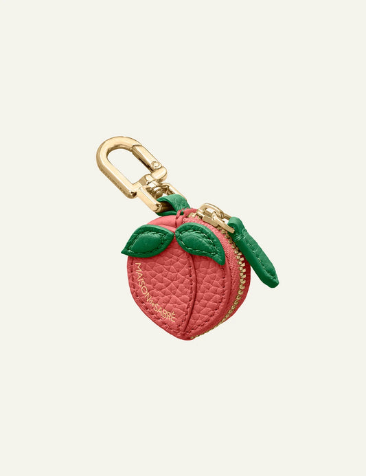 Maison de Sabre peach charm pink leather fruit keychain gold clip front view