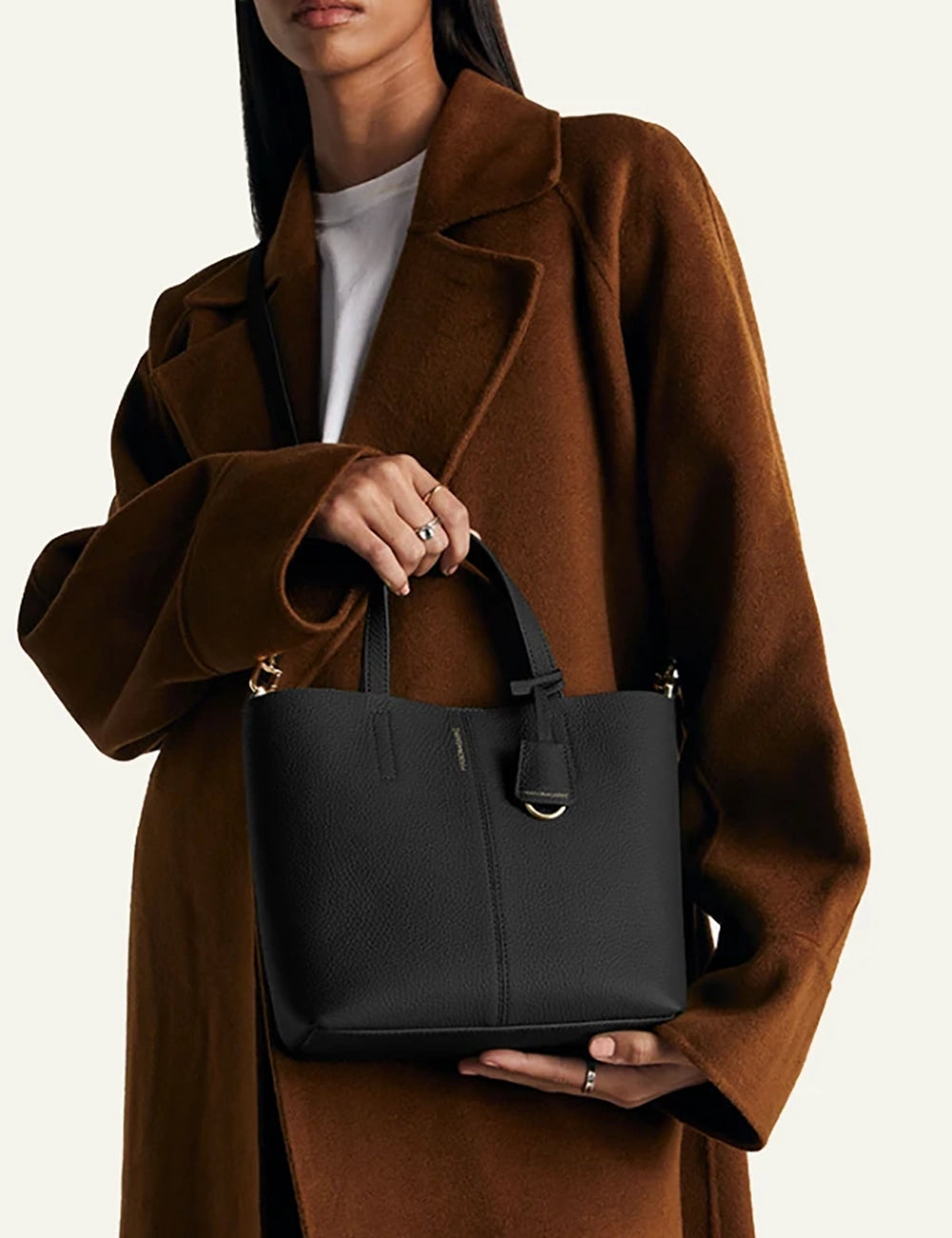 Maison de Sabre small soft tote black leather structured bag top handles front  model view