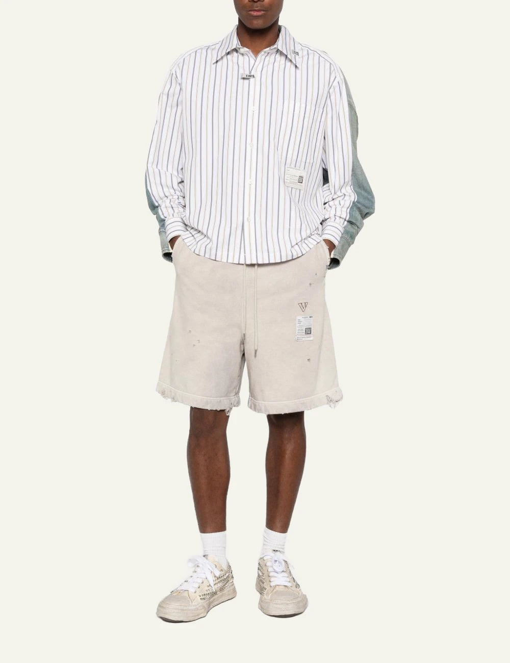 Maison Mihara Yasuhiro Beige Distressed Sweat Shorts full look