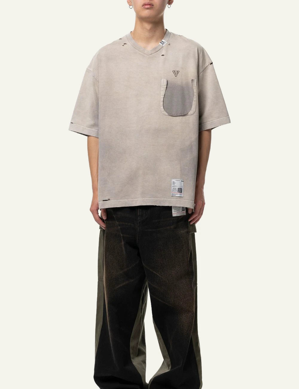 Maison Mihara Yasuhiro Beige Sun Faded V Neck T Shirt full look