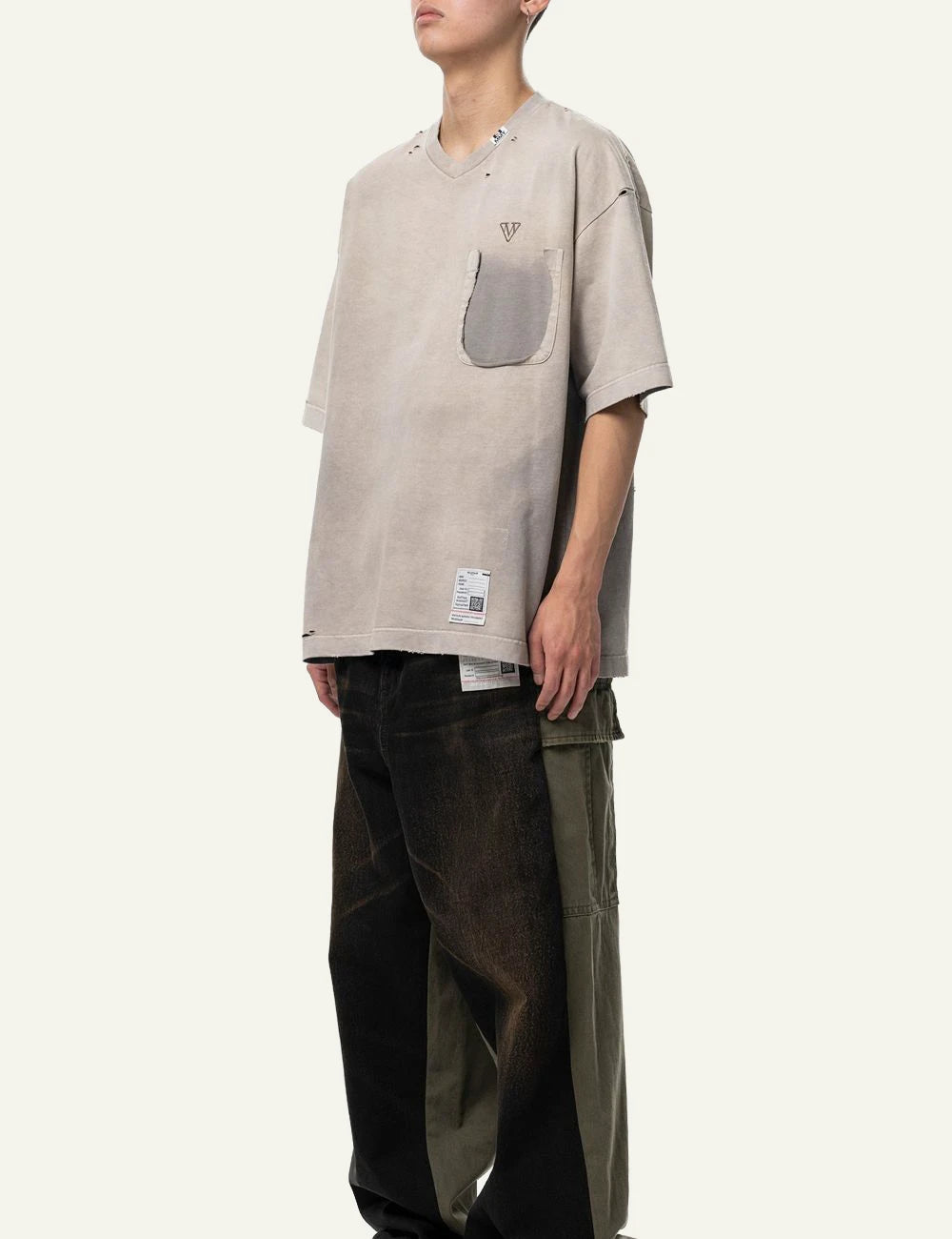 Maison Mihara Yasuhiro Beige Sun Faded V Neck T Shirt side View