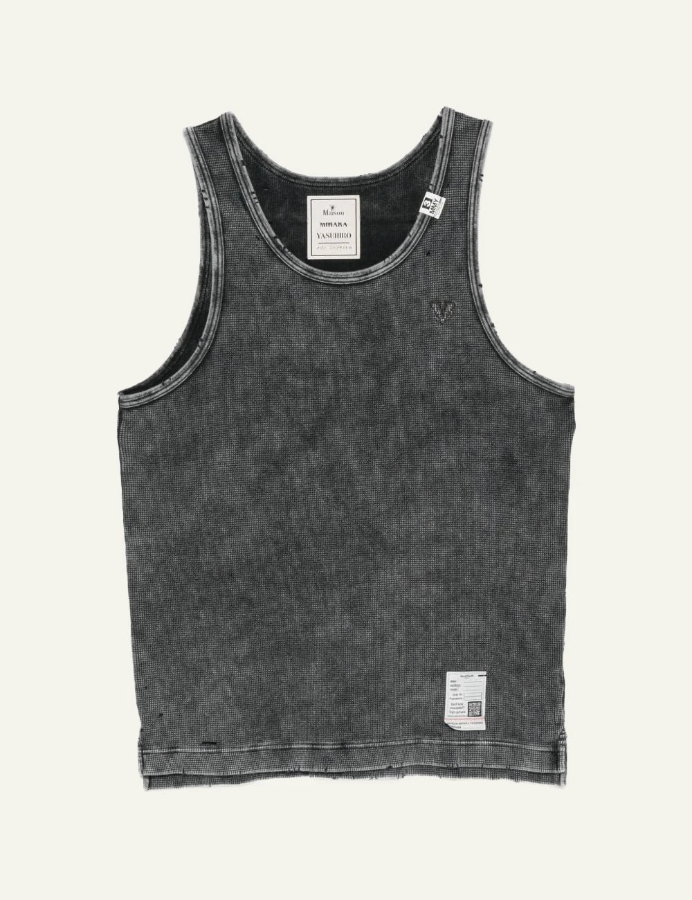 Maison Mihara Yasuhiro Black Acid Wash Waffle Knit Tank Top Front View