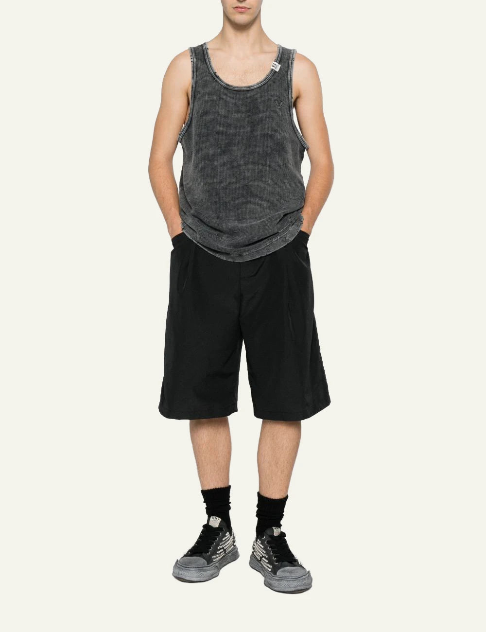 Maison Mihara Yasuhiro Black Acid Wash Waffle Knit Tank Top full look