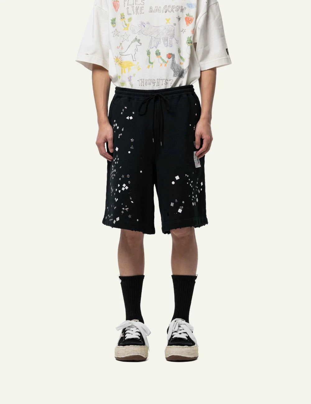 Maison Mihara Yasuhiro Black Embellished Sweat Shorts full look