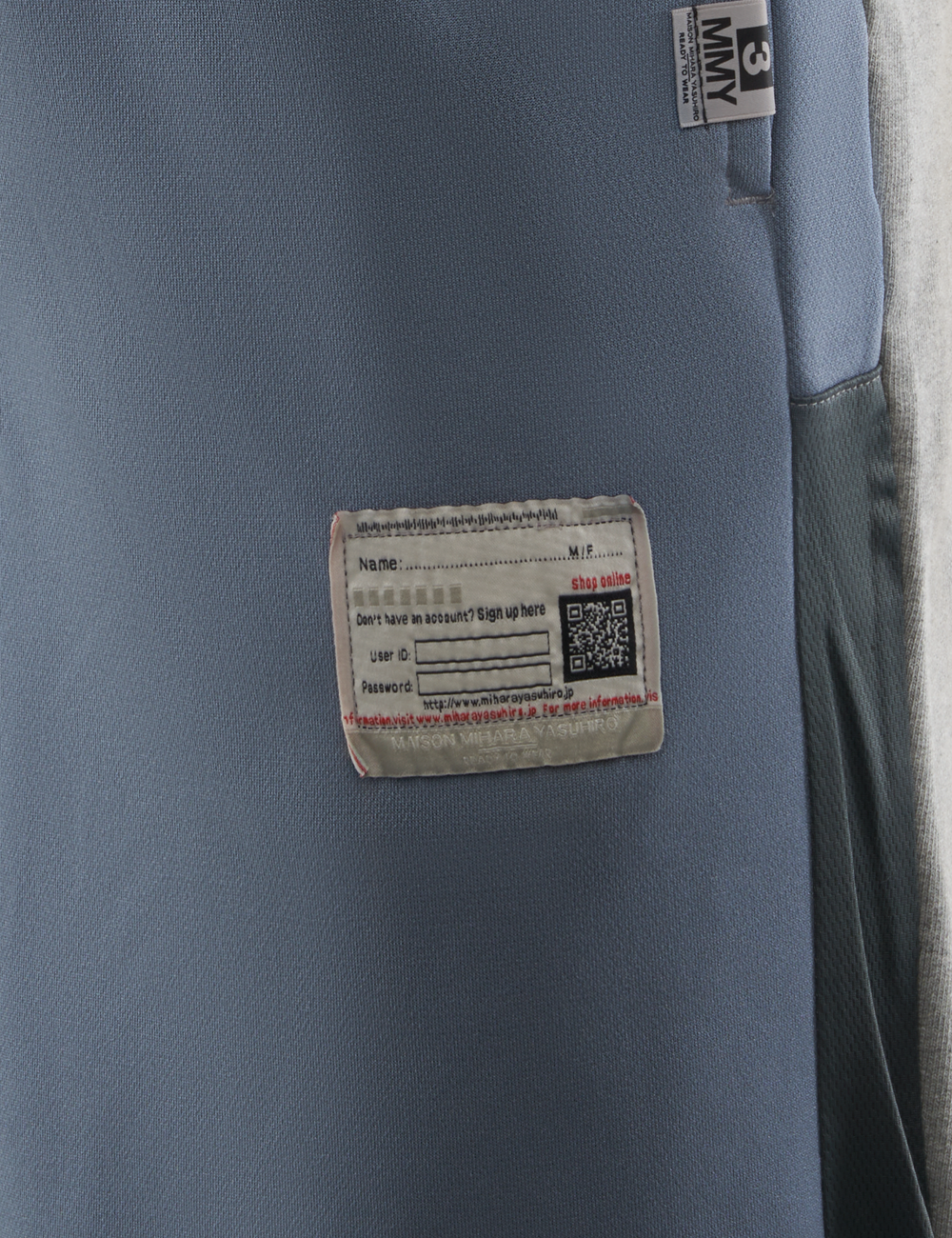 Maison Mihara Yasuhiro Blue Combined Shorts patch detail