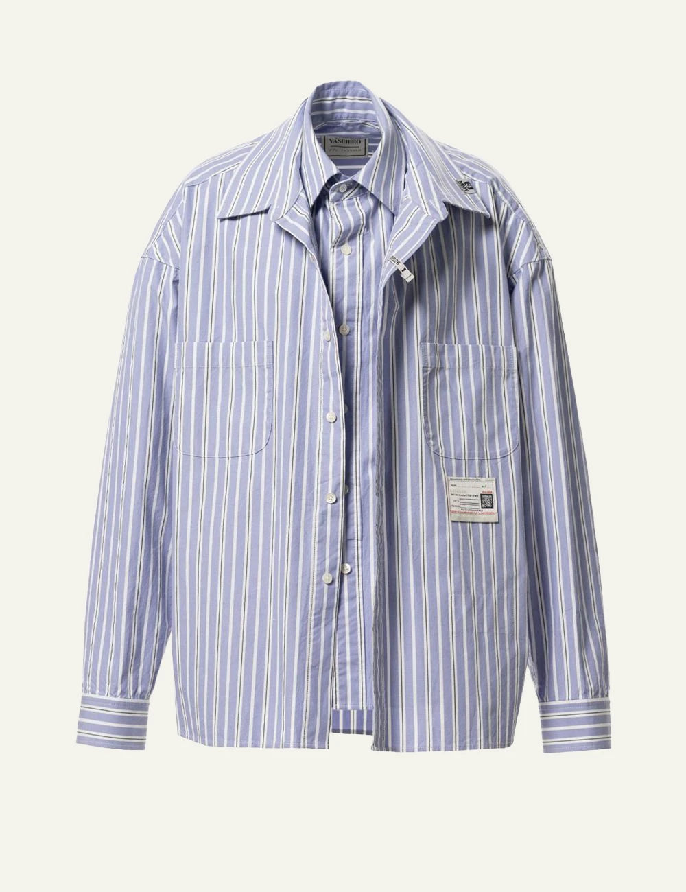 Maison Mihara Yasuhiro Blue Striped Layered Shirt Front View