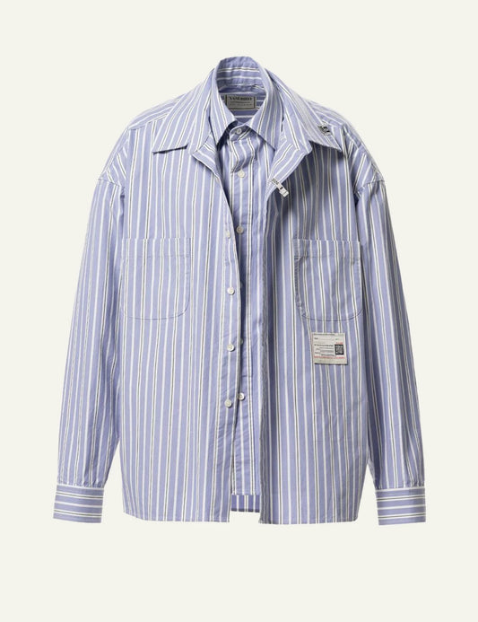 Maison Mihara Yasuhiro Blue Striped Layered Shirt Front View