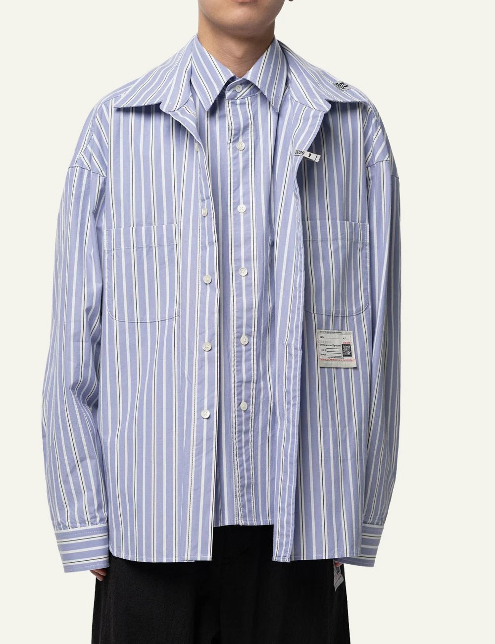 Maison Mihara Yasuhiro Blue Striped Layered Shirt Front View details