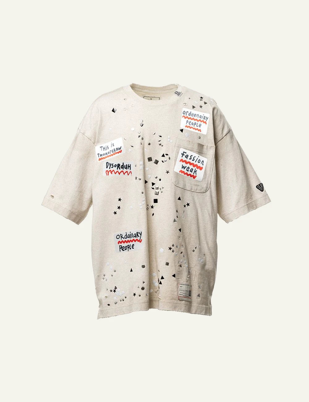 Maison Mihara Yasuhiro Embellished Sticker T-Shirt Ecru Front View
