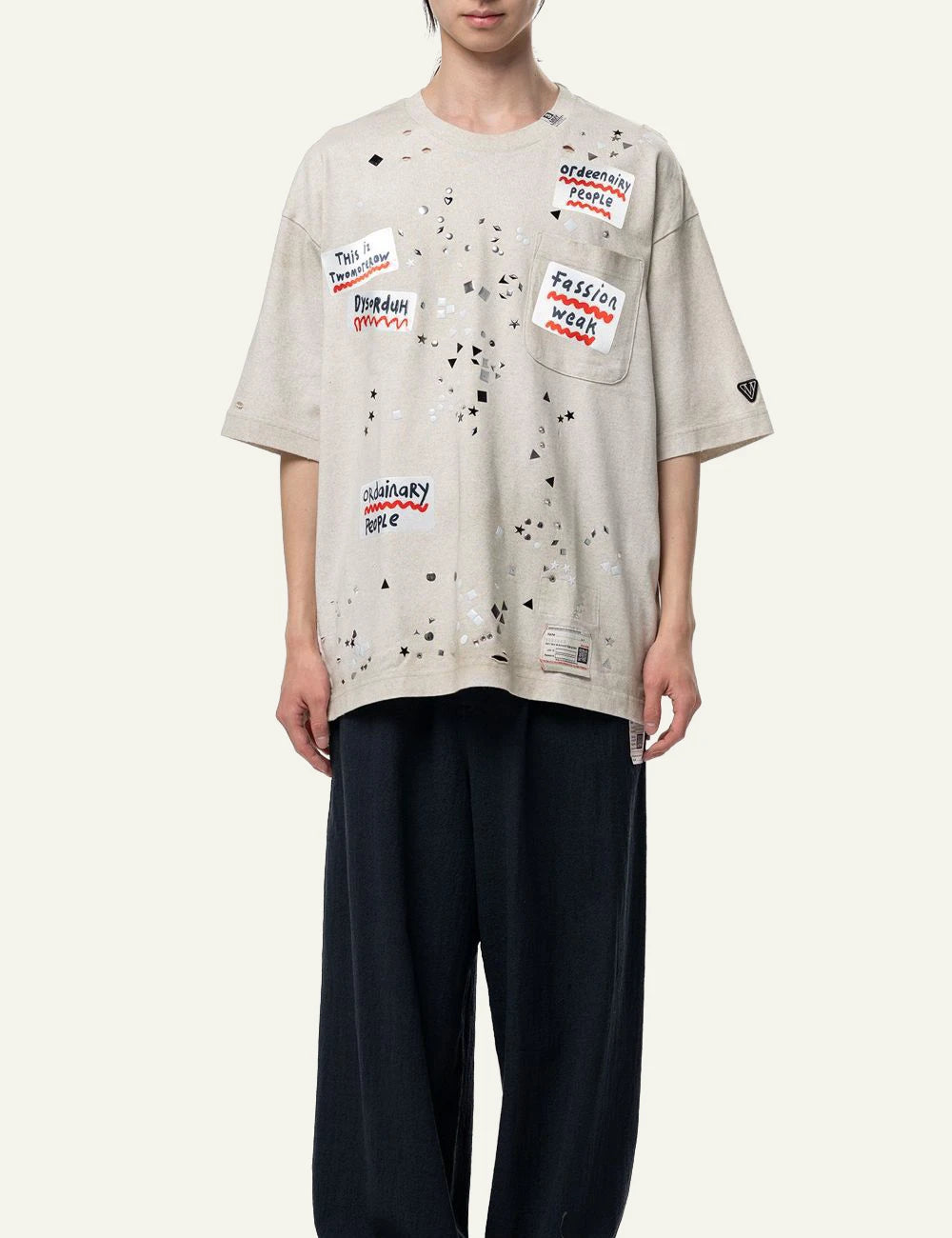 Maison Mihara Yasuhiro Embellished Sticker T-Shirt Ecru Full Look
