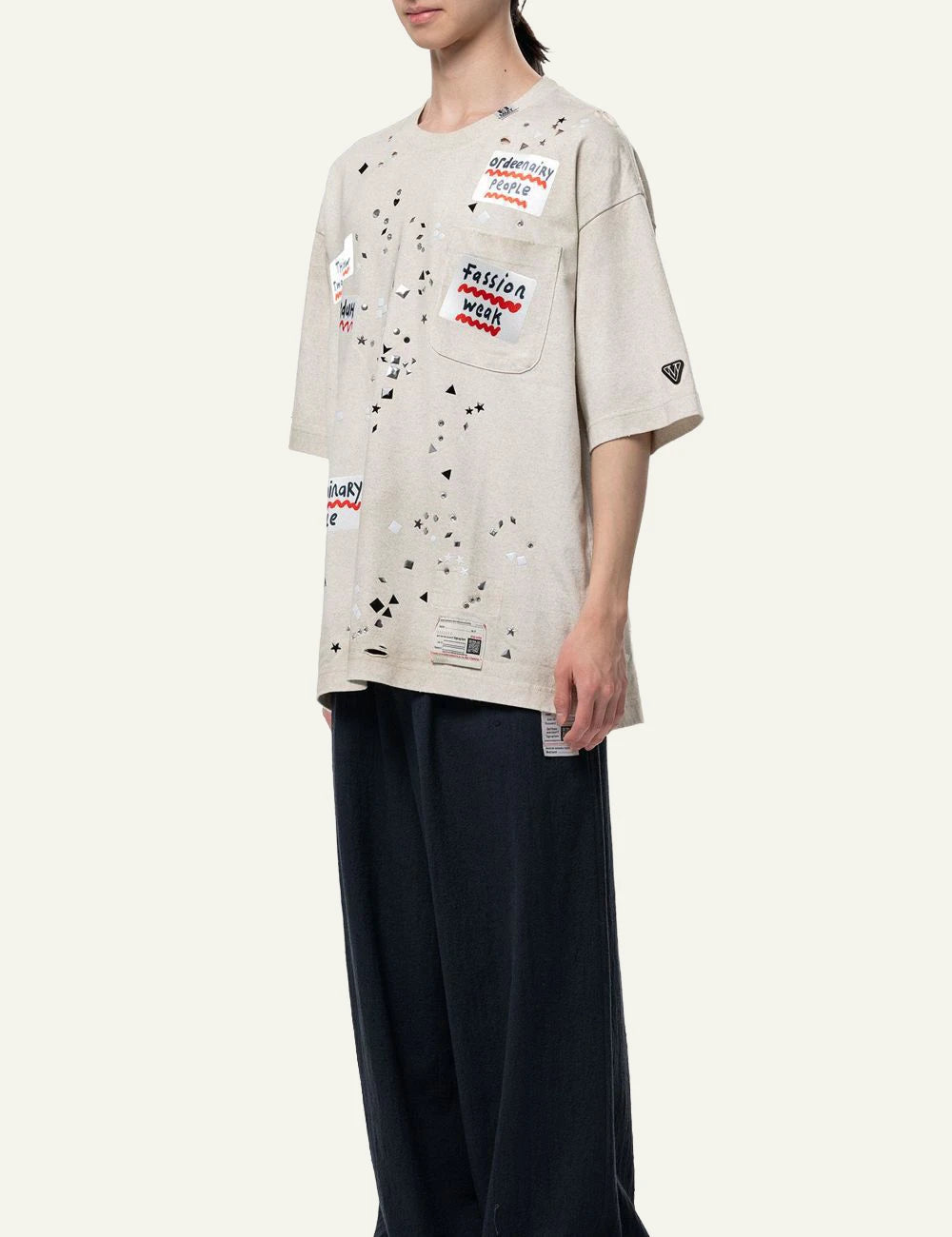Maison Mihara Yasuhiro Embellished Sticker T-Shirt Ecru side view