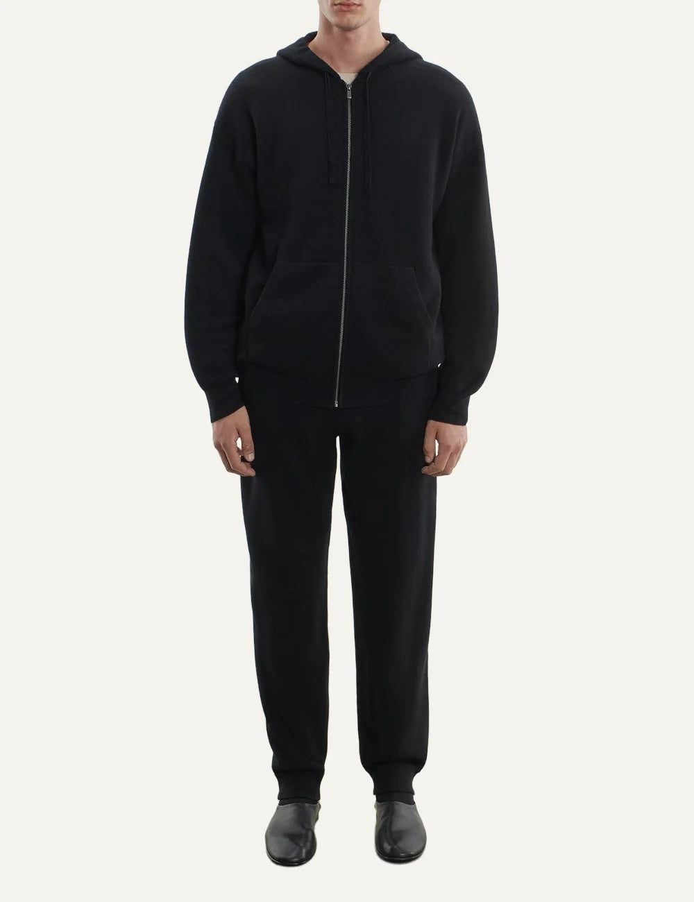Majestic Filatures men's black merino wool zip-up hoodie full body