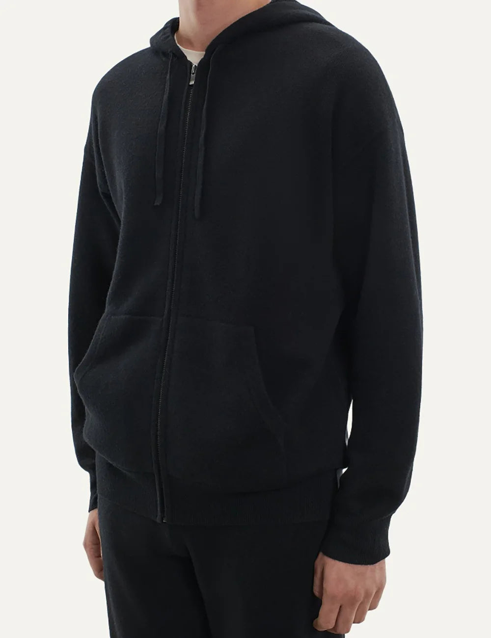 Majestic Filatures men's black merino wool zip-up hoodie side
