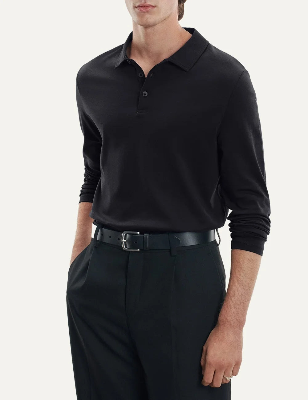 Majestic Filatures men's black Supima cotton long sleeve polo shirt model