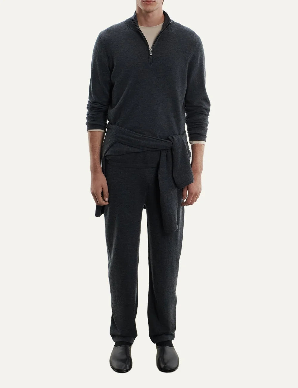 Majestic Filatures men's charcoal merino wool quarter zip sweater full body