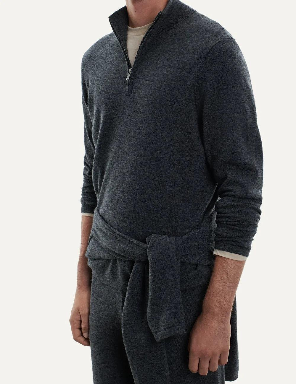 Majestic Filatures men's charcoal merino wool quarter zip sweater side