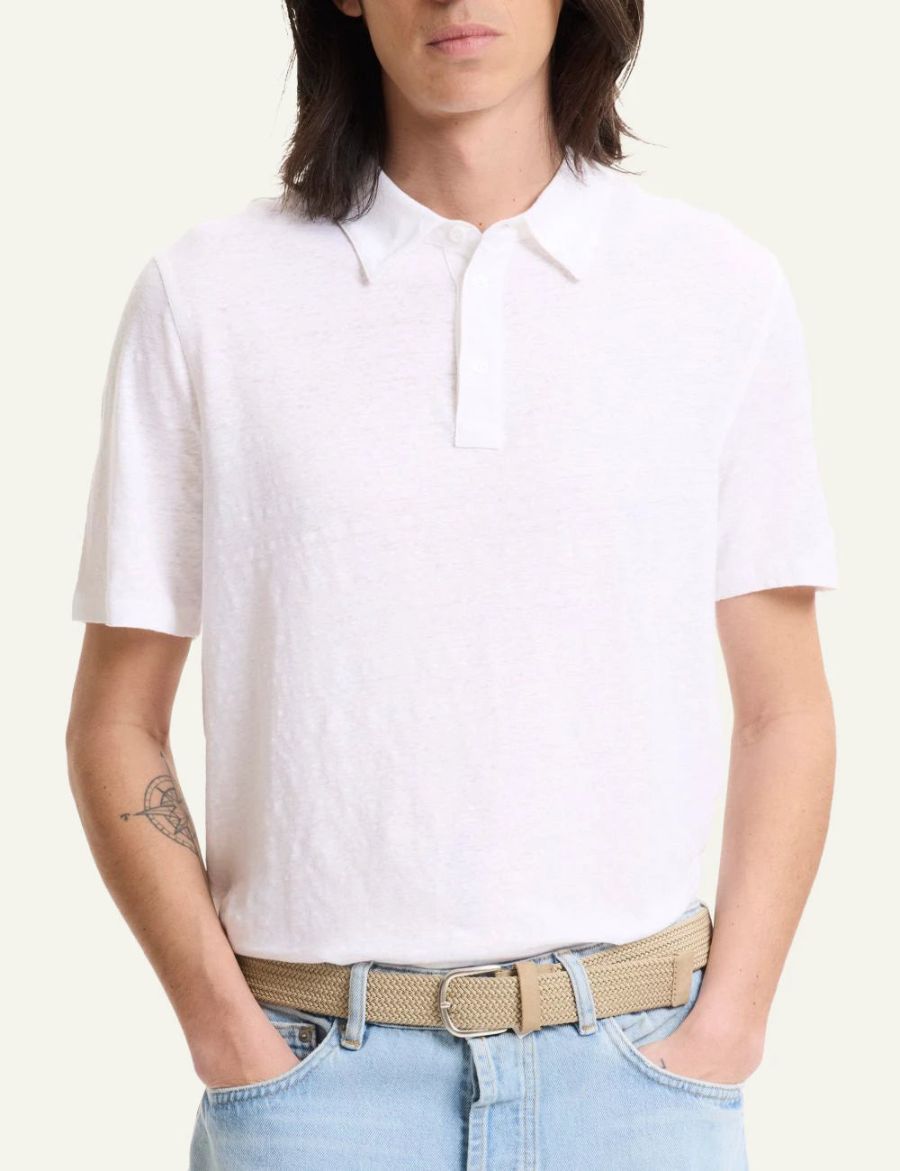 Majestic Filatures polo white linen elastane polo collar front model view
