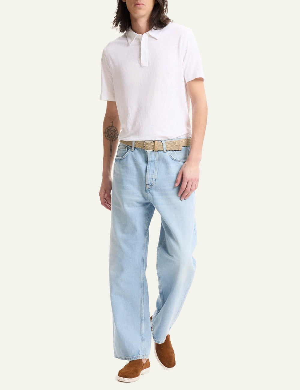 Majestic Filatures polo white linen elastane polo collar front full body view
