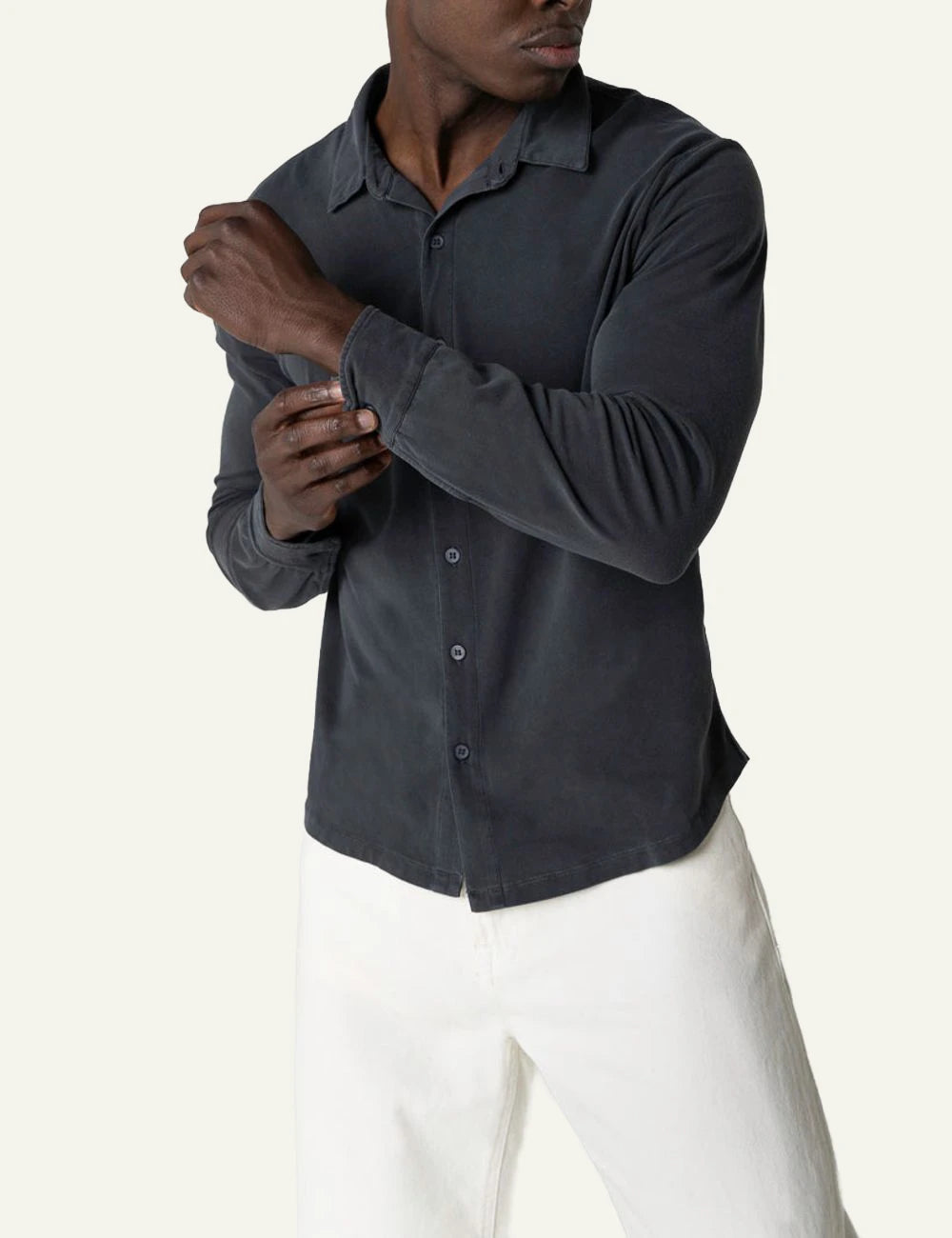 Majestic Filatures poukamiso dark grey organic cotton elastane long sleeve front model view