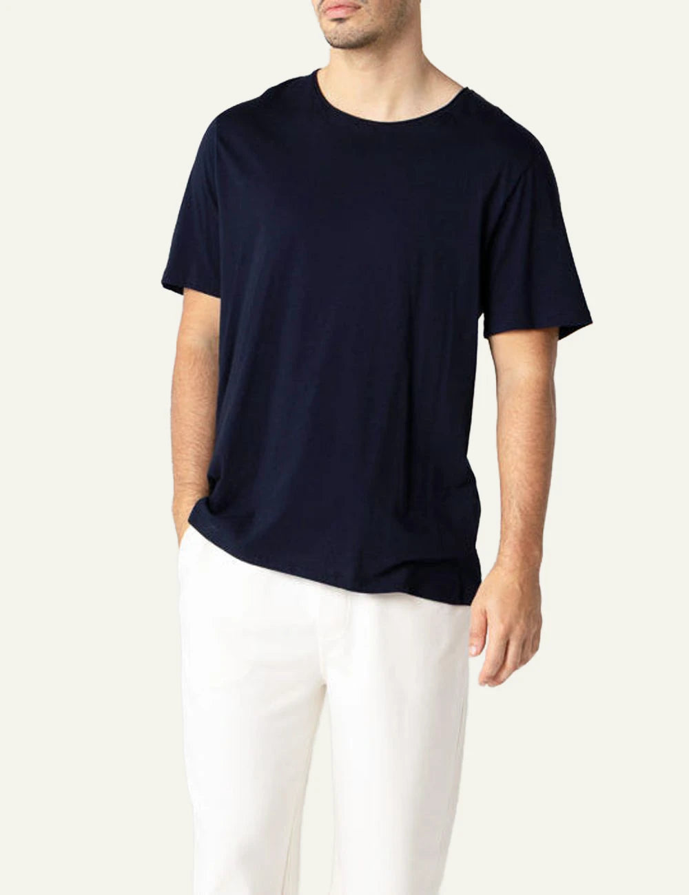 Majestic Filatures t-shirt navy organic cotton crewneck front model view