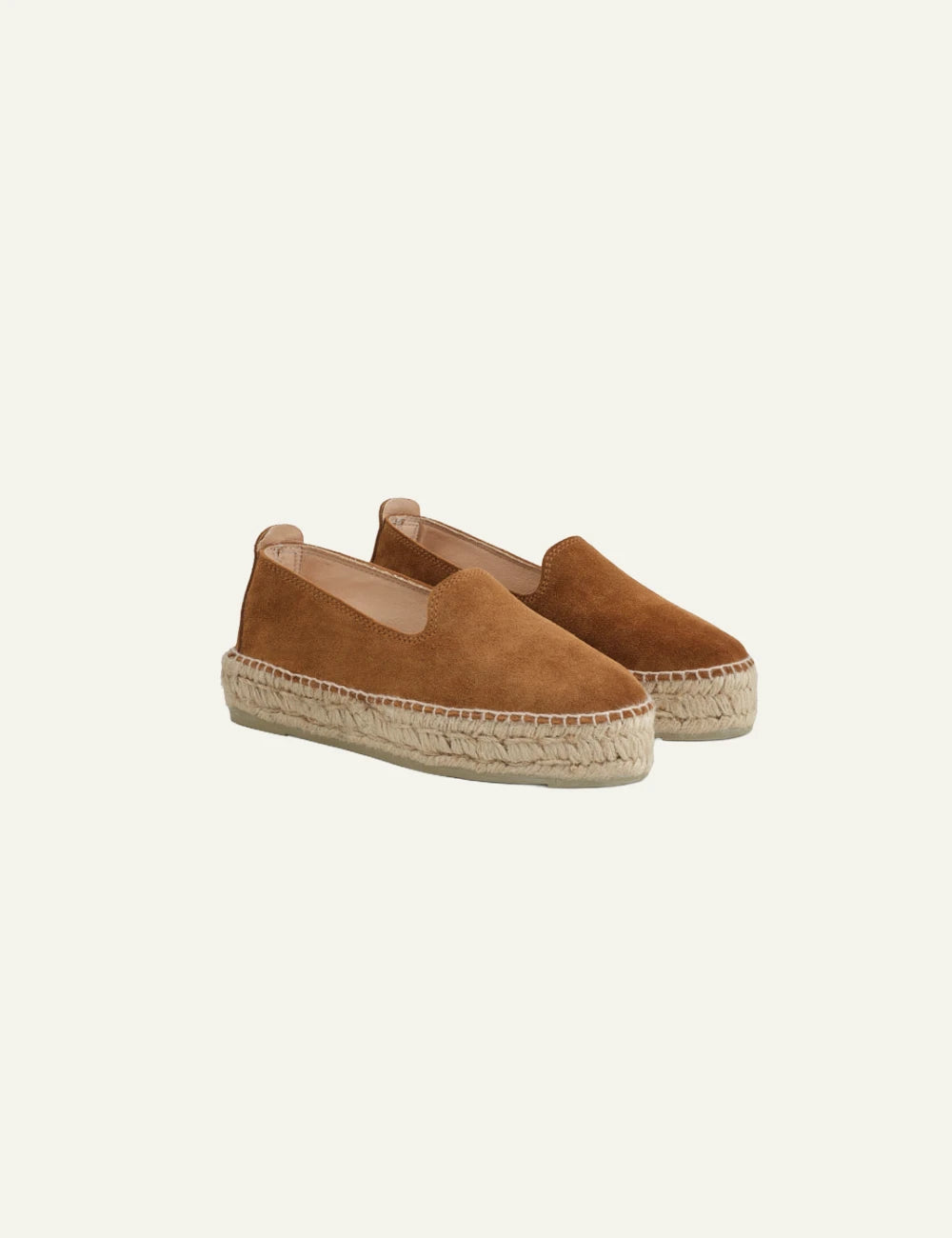 Manebi espadrilles almond suede platform slip on double jute sole angled view