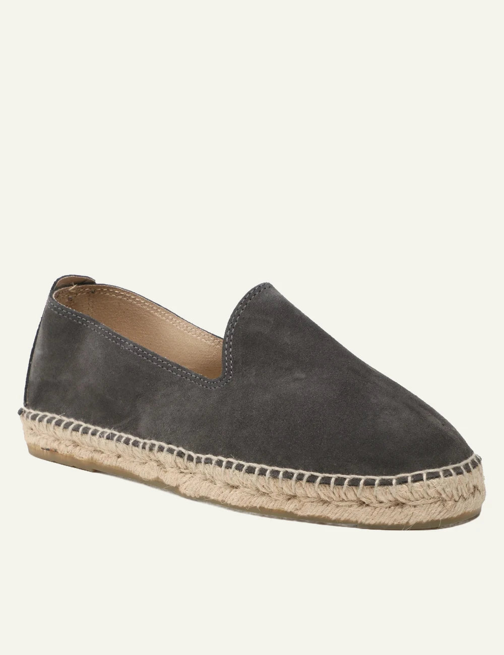 Manebi espadrilles grey suede slip on flat rope sole angled view