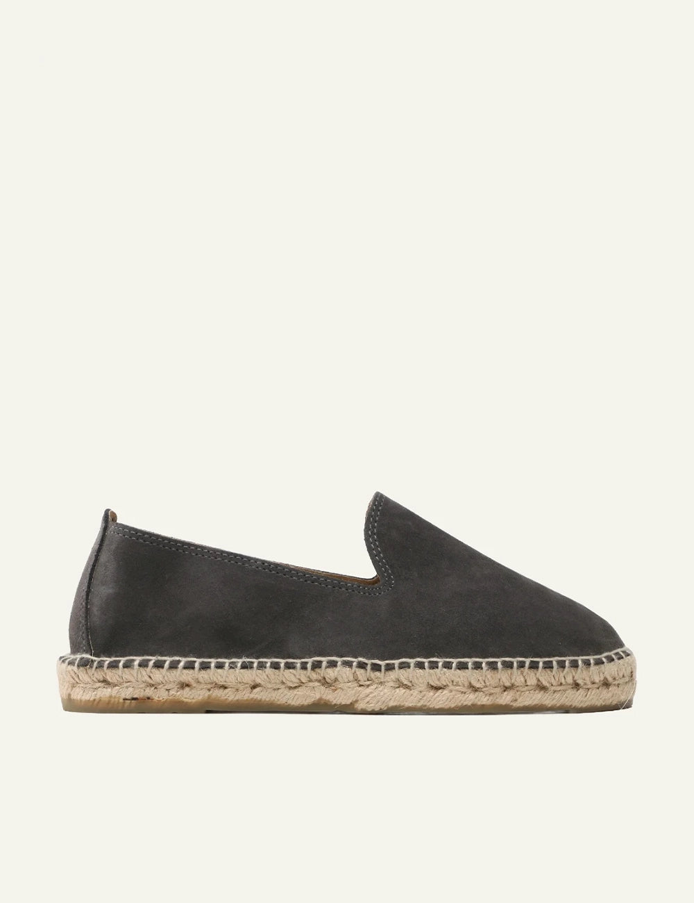 Manebi espadrilles grey suede slip on flat rope sole side view