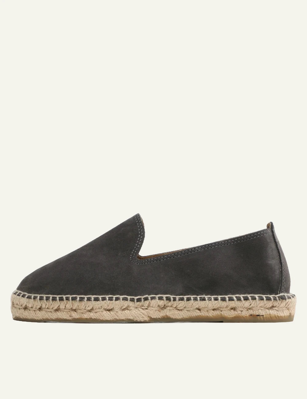 Manebi espadrilles grey suede slip on flat rope sole profile view