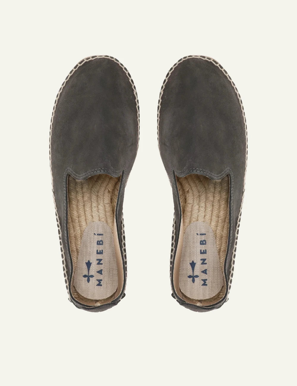 Manebi espadrilles grey suede slip on flat rope sole top view