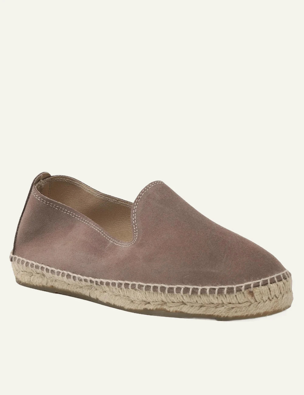 Manebi espadrilles moka brown suede slip on flat rope sole angled view
